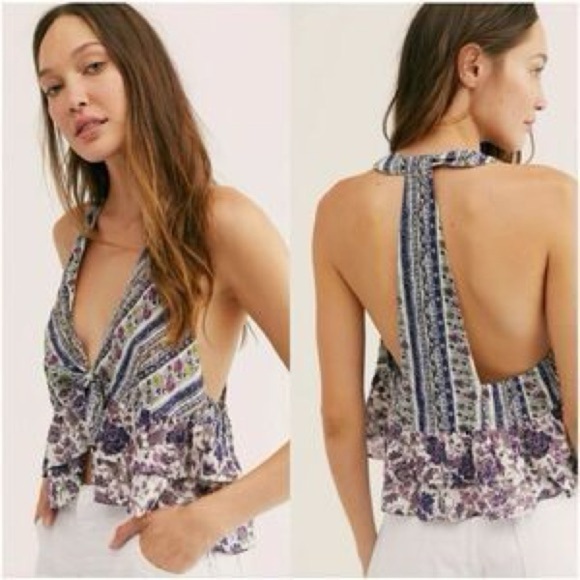 Free People cotton Love Charm T back crop top Size M Ruffle hem and tie front - Picture 10 of 10